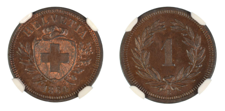 Switzerland 1864 B (Cu). 1 Rappen. Graded MS 65 Red Brown by NGC