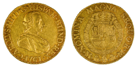 Mexico 1761 MO MM (Au) Charles III. 8 Escudos. Graded AU 58 by NGC