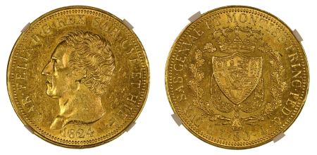 Italy, Sardinia 1824 EAGLE L (Au). 80 Lire. Graded MS 62 by NGC