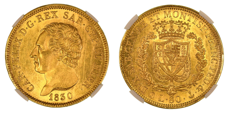 Italy, Sardinia 1830 ANCHOR P (Au). 80 Lire. Graded MS 63 by NGC