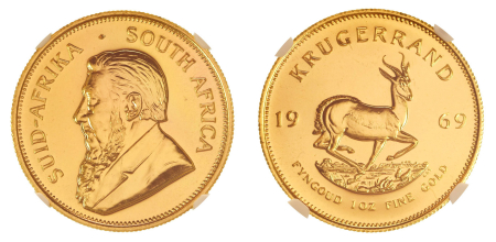 South Africa 1969 (Au). Krugerrand. Graded MS 69 by NGC