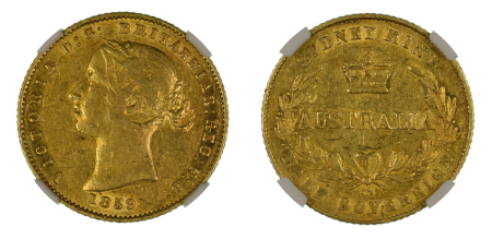 Australia 1859 (Au). 1/2 Sovereign. Graded AU 50 by NGC