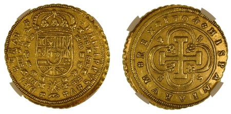 Spain 1704 S P (Au) Philip V. 8 Escudos. Graded AU 50 by NGC