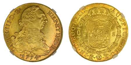 Spain 1774 M PJ (Au) Charles III. 8 Escudos. Graded MS 62 by NGC