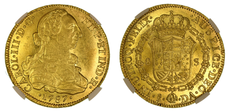 Chile 1787 SO DA (Au) Charles III. 8 Escudos. Graded MS 63 by NGC