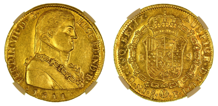 Chile 1811 SO FJ (Au) Ferdinand VII. 8 Escudos. Graded MS 62 by NGC
