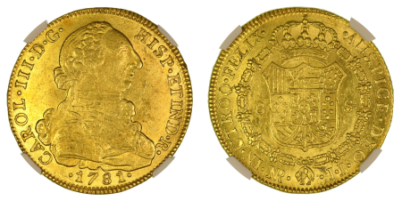 Colombia 1781 NR JJ (Au) Charles III. 8 Escudos. Graded MS 62 by NGC