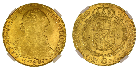 Colombia 1783 NR JJ (Au) Charles III. 8 Escudos. Graded MS 63 by NGC