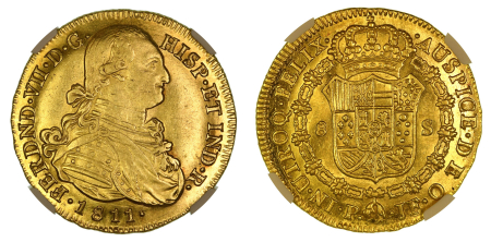 Colombia 1811 P JF (Au) Ferdinand VII. 8 Escudos. Graded MS 63 by NGC