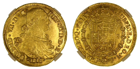 Colombia 1818 P FM (Au) Ferdinand VII. 8 Escudos. Graded MS 61 by NGC