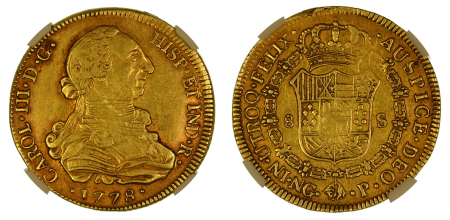 Guatemala 1778 NG P (Au) Charles III. 8 Escudos. Graded MS 45 by NGC