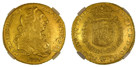 Peru 1771 LIMA JM (Au) Charles III. 8 Escudos. Graded AU 53 by NGC