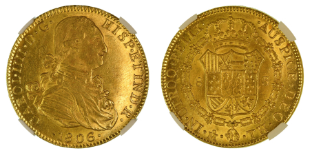 Mexico 1806 MO TH (Au) Charles IV. 8 Escudos. Graded MS 62 by NGC