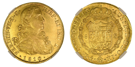 Mexico 1810 MO HJ (Au) Ferdinand VII. 8 Escudos. Graded MS 63 by NGC