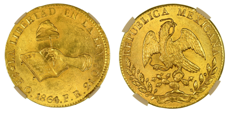 Mexico 1864 O FR (Au). 8 Escudos. Graded MS 64 by NGC
