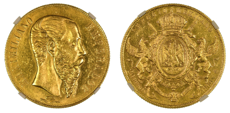 Mexico 1866 MO (Au) Maximilian. 20 Pesos. Graded AU 58 by NGC