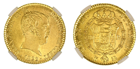 Spain 1822 M SR (Au) Ferdinand VII. 80 Reales. Graded MS 66 by NGC