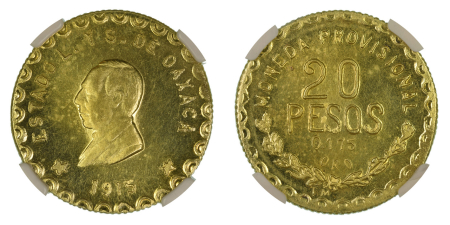 Mexico 1915 TM (Au). 20 Pesos. Graded MS 65 by NGC