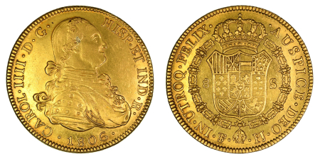 Bolivia 1806 PTS PJ (Au) Charles IV. 8 Escudos. Graded  EF