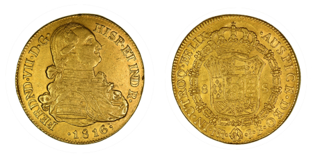 Colombia 1816 NR JF (Au) Ferdinand VII. 8 Escudos. Graded  AEF   