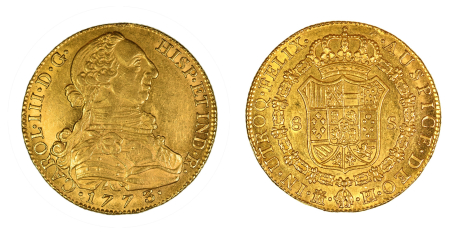Spain 1773 PJ (Au) Charles III. 8 Escudos. Graded  EF-AU 