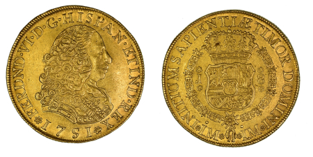Peru 1751 LM J (Au) Ferdinand VI. 8 Escudos. Graded AU 58 by NGC
