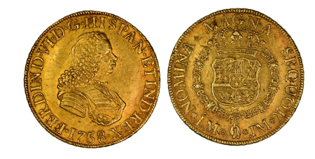 Peru 1758 /7LM JM (Au) Ferdinand VI. 8 Escudos. Graded MS 60 by NGC