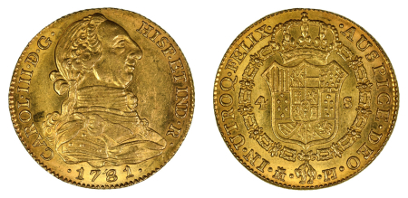 Spain 1781 M PJ (Au) Charles III. 4 Escudos. Graded MS 63 by NGC