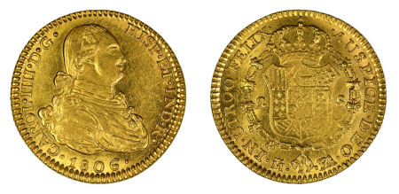 Spain 1806 M FA (Au) Charles IV. 2 Escudos. Graded MS 62 by NGC