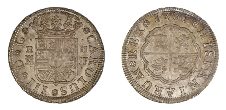 Spain 1761 JP. Charles III: Madrid, (Ag) 2 Reales. Graded MS 64 by NGC