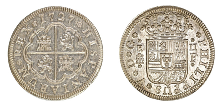 Spain 1727 F. Philip V: Segovia, (Ag) 2 Reales. Graded MS 66 by NGC