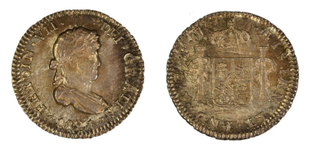 Bolivia 1821 PTS PJ. Ferdinand VII: (Ag) 1/2 Real; graded MS 64 by NGC.