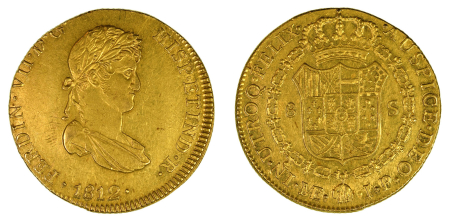 Peru 1812 (Au) JP, Lima mint, Ferdinand VII. 8 Escudos, small bust. 