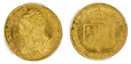 France 1786 T (Au), Double Louis d'Or, graded MS 63+ by PCGS