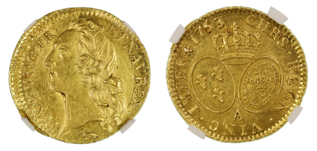 France 1753 A (Au), Louis d'Or. Graded MS 62 by NGC