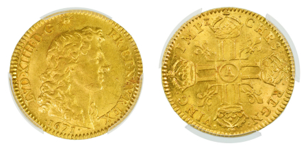 France 1671 A (Au), Louis d'Or. Highest graded coin by PCGS at MS 63