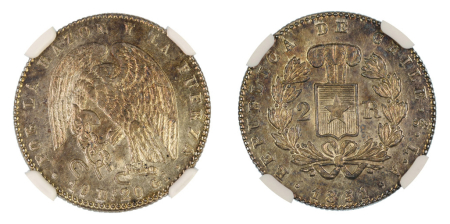 Chile, 1851 SO LA (Ag), 2 Reales. Graded MS 63 by NGC.