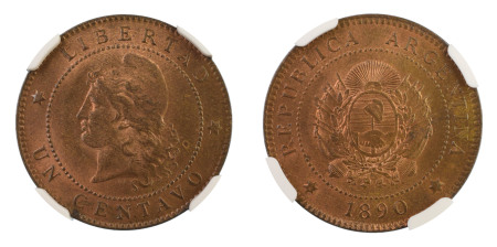 Argentina 1890, 1 Centavo. Graded MS 65 Red Brown by NGC - the highest graded.