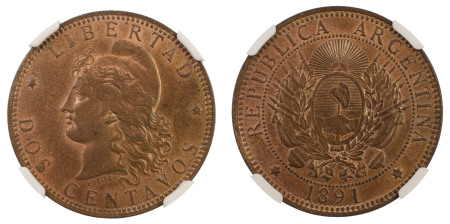 Argentina 1891, 2 Centavos. Graded MS 65 Red Brown by NGC - No coin graded higher.