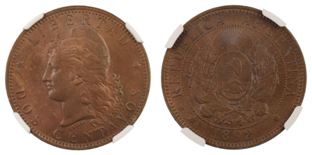 Argentina 1892, 2 Centavos. Graded MS 66 Brown by NGC - the highest graded.