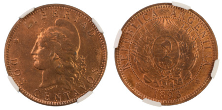 Argentina 1893, 2 Centavos. Graded MS 65 Red Brown by NGC - the highest graded.
