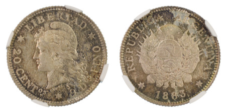 Argentina 1883, 20 Centavos. Graded MS 66 by NGC - No coin graded higher.