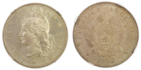 Argentina 1883, 50 Centavos. Graded MS 65 by NGC - No coin graded higher.