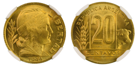 Argentina 1944, 20 Centavos. Graded MS 65 by NGC - No coin graded higher.