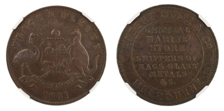 Australia 1861, Penny Token. Robert Hyde & Co. Melbourne. Graded AU 55 Brown by NGC. 