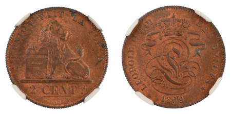 Belgium 1869, 2 Centimes. Graded MS 64 Red Brown by NGC - the highest graded.