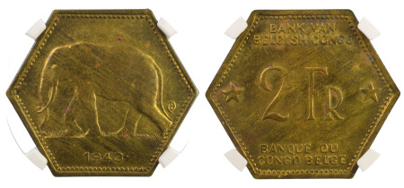 Belgian Congo 1943, 2 Francs. Graded MS 63 by NGC. 
