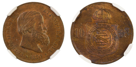 Brazil 1870, 10 Reis. Graded MS 64 Brown by NGC - No coin graded higher.