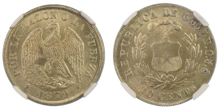 Chile 1879SO, 20 Centavos. 1500 Fineness. Graded MS 66 by NGC. - only two coins graded higher.