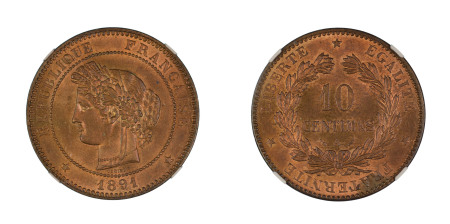 France 1891A, 10 Centimes. Graded MS 65 Red Brown by NGC - No coin graded higher.